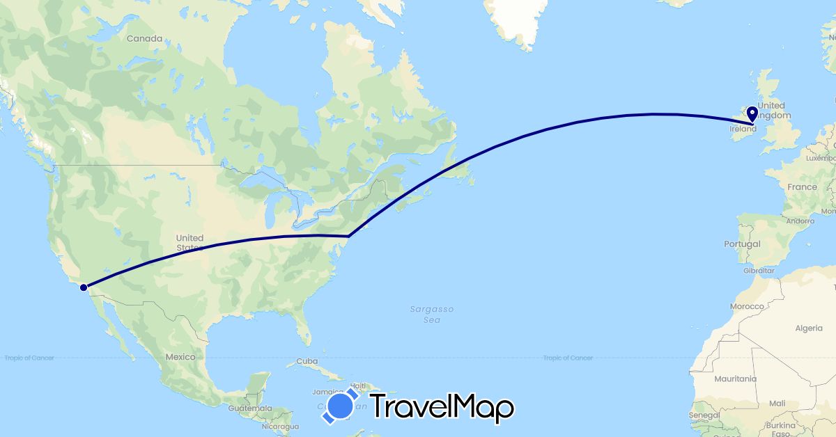 TravelMap itinerary: driving in Ireland, United States (Europe, North America)